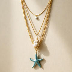 Ocean sereis starfish pearl conch pendant three layer stainless steel necklace