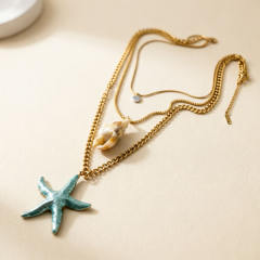 Ocean sereis starfish pearl conch pendant three layer stainless steel necklace