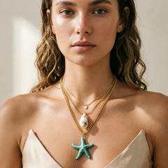 Ocean sereis starfish pearl conch pendant three layer stainless steel necklace