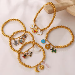 Vacation Style Cartoon Bear Flower DIY Multi-Pendant Gold Beaded stainless steel Bracelet