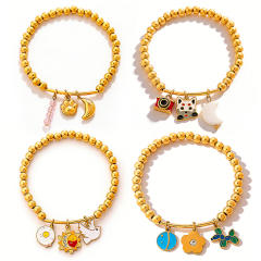 Vacation Style Cartoon Bear Flower DIY Multi-Pendant Gold Beaded stainless steel Bracelet