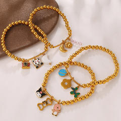Vacation Style Cartoon Bear Flower DIY Multi-Pendant Gold Beaded stainless steel Bracelet