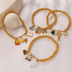 Vacation Style Cartoon Bear Flower DIY Multi-Pendant Gold Beaded stainless steel Bracelet
