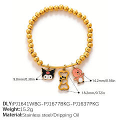 Vacation Style Cartoon Bear Flower DIY Multi-Pendant Gold Beaded stainless steel Bracelet