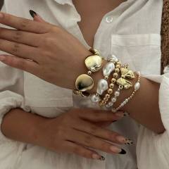 Baroque Imitation Pearl Beaded Bracelet Pearl Bow Asymmetrical Round Beaded Bracelet Set