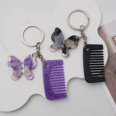 New Acetate Butterfly Comb Keychain Pendant Creative Cute Girl Makeup Mirror Bangs Comb Accessories