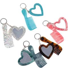 New Acrylic Heart-Shaped Makeup Mirror Comb Keychain Glitter Sequin Bag Charm DIY Accessory Pendant
