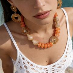 New Acrylic Jewelry Set with Orange-Gray Melard Beaded Geometric Disc Necklace