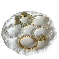 Baroque Imitation Pearl Beaded Bracelet Pearl Bow Asymmetrical Round Beaded Bracelet Set