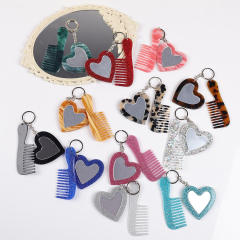 New Acrylic Heart-Shaped Makeup Mirror Comb Keychain Glitter Sequin Bag Charm DIY Accessory Pendant