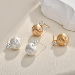 Retro Brushed Six-Pointed Star Earrings French Vintage Small Gold Ball Earrings