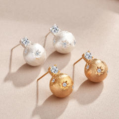 Retro Brushed Six-Pointed Star Earrings French Vintage Small Gold Ball Earrings