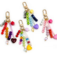 Dopamine Colorful Beaded Keychain Heart Pendant Tassel Bag Charm Sweet Girl Bag Accessory