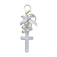 Creative Beaded Bow Cross Keychain Clay Full Diamond Exquisite Bag Hanging Accessories