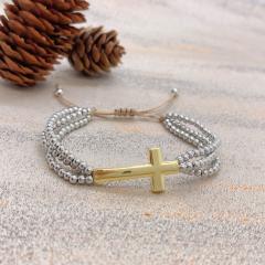 Ins Personalized Ethnic Style Cross Stacked Beaded 18K Copper Plated Real Gold Bead Bracelet for Men Women