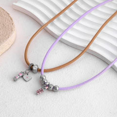 Sweet-Cool Style Leather Cord Necklace with Stainless Steel Beaded Lipstick Pendant