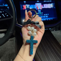 Creative Beaded Bow Cross Keychain Clay Full Diamond Exquisite Bag Hanging Accessories