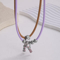 Sweet-Cool Style Leather Cord Necklace with Stainless Steel Beaded Lipstick Pendant