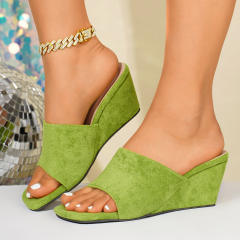 Summer Square-Toe Suede Wedge Slippers 2026 New Style Large Size Open-Toe Sandals for Women Wholesale