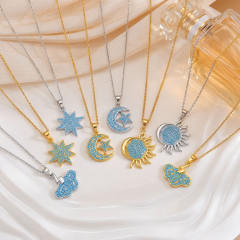 Moon and Sun pendant Necklace full turquoise stone inlaid pendant stainless steel chain necklace