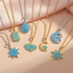 Moon and Sun pendant Necklace full turquoise stone inlaid pendant stainless steel chain necklace