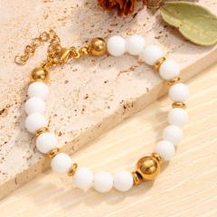 Easy match whtie color natural stone bead stainless steel bead bracelet necklace set