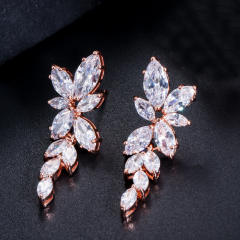 Hot-Selling Elegant Lady Long Super Shiny Olive Branch Leaf Zircon Diamond Earrings