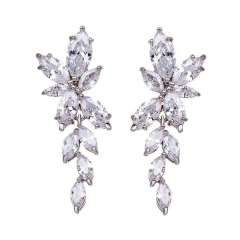 Hot-Selling Elegant Lady Long Super Shiny Olive Branch Leaf Zircon Diamond Earrings