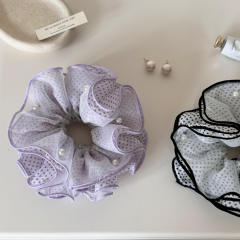 Purple Korean-Style Polka Dot Pearl Mesh Scrunchie for Women large size scrunchies