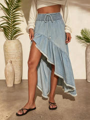 Irregular Skirt for Women Spring Summer Elastic High Waist Ruffled A-Line Umbrella Skirt