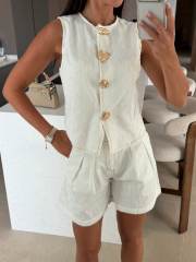 2026 Summer Loose Sleeveless Denim Shorts Set Fashionable Casual High-Waisted Two-Piece Set