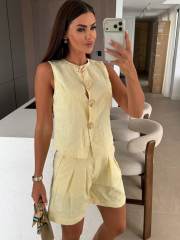 2026 Summer Loose Sleeveless Denim Shorts Set Fashionable Casual High-Waisted Two-Piece Set