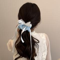 Korean-Style Mesh Bow Ribbon Scrunchie Solid Color Simple Hair Tie