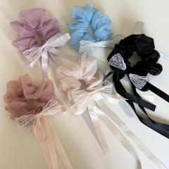 Korean-Style Mesh Bow Ribbon Scrunchie Solid Color Simple Hair Tie