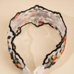 Mesh Sweet Embroidered Flower Hair Hoop Bohemian Pastoral Style Wide-brimmed headband
