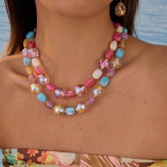 Macaron Pink and White Mixed Color Beaded Necklace Seaside Vacation Style Jewelry Wholesale