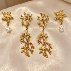 18K Gold-Plated Stainless Steel Earrings Shell Coral Summer Fashion pearl earrings