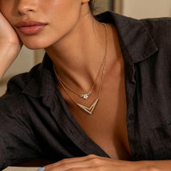 18KG diamond V shape flower stainless steel necklace dainty necklace