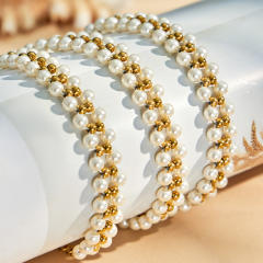 Stainless Steel necklace bracelet set Plated with 18K Gold pearl jewelry for women