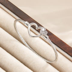 Heart-Shaped Diamond-Encrusted Steel Wire Rope Bracelet 18KG stainless steel bangle