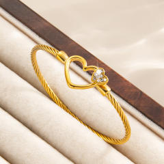 Heart-Shaped Diamond-Encrusted Steel Wire Rope Bracelet 18KG stainless steel bangle