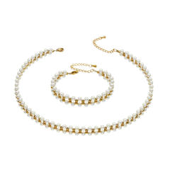 Stainless Steel necklace bracelet set Plated with 18K Gold pearl jewelry for women