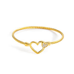 Heart-Shaped Diamond-Encrusted Steel Wire Rope Bracelet 18KG stainless steel bangle