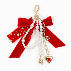 Vintage Burgundy Velvet Bow Bag Charm Ins Sweet Pearl Chain Heart Pendant Versatile Handbag