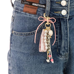 Velvet Bow Star Bag Pendant Pearl Beaded Keychain Vintage Girly Heart Bag Charm Wholesale