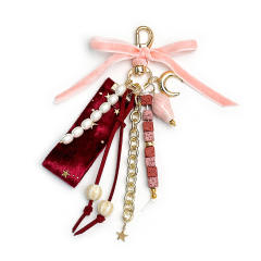 Velvet Bow Star Bag Pendant Pearl Beaded Keychain Vintage Girly Heart Bag Charm Wholesale
