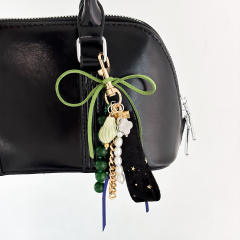 Velvet Bow Star Bag Pendant Pearl Beaded Keychain Vintage Girly Heart Bag Charm Wholesale