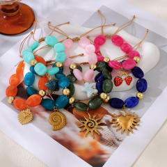 Boho colorful resin bead stainless steel sun heart conch pendant bracelet for women