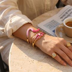 Exaggerated Baroque pink color enamel Bracelet for Women stainless steel bangle