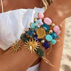 Boho colorful resin bead stainless steel sun heart conch pendant bracelet for women
